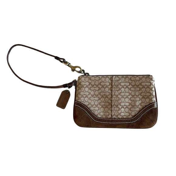 COACH Small Brown Suede Signature Logo Monogram Canvas Top Zip Leather Wristlet - Picture 5 of 8